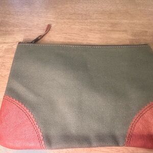 Canvas and Leather Zip Pouch - Olive Green and Rust